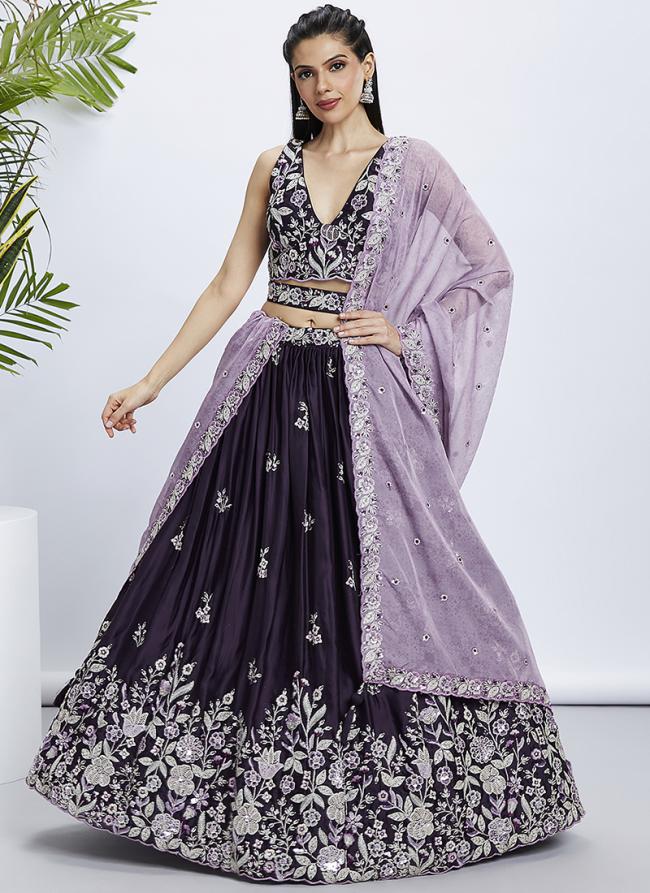 Raw Silk Purple Wedding Wear Sequinned Lehenga Choli